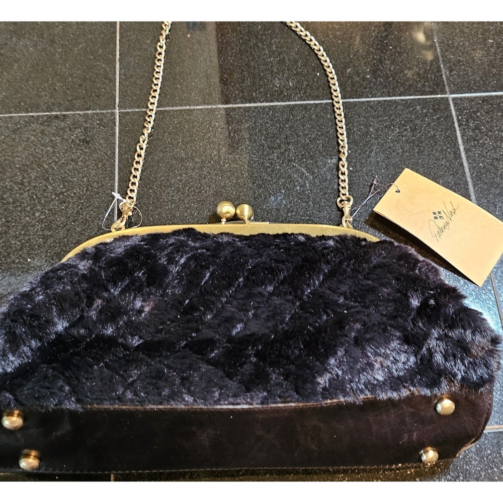 Patricia Nash Gisele Frame Black Quilted Faux Fur Gold Chain Crossbody Clutch
